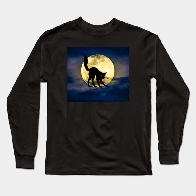 Halloween Black Cat with Moon Long Sleeve T-Shirt by pawsitronic